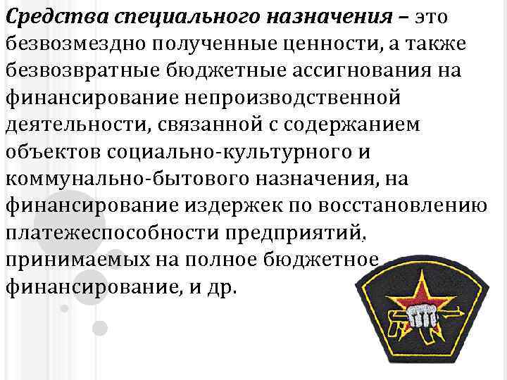 Средства специального назначения – это безвозмездно полученные ценности, а также безвозвратные бюджетные ассигнования на