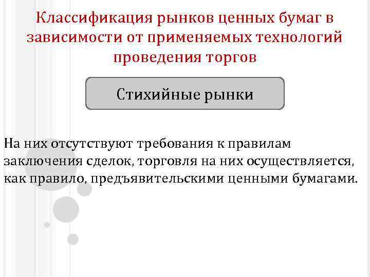 Классификация рынков ценных бумаг в зависимости от применяемых технологий проведения торгов Стихийные рынки На