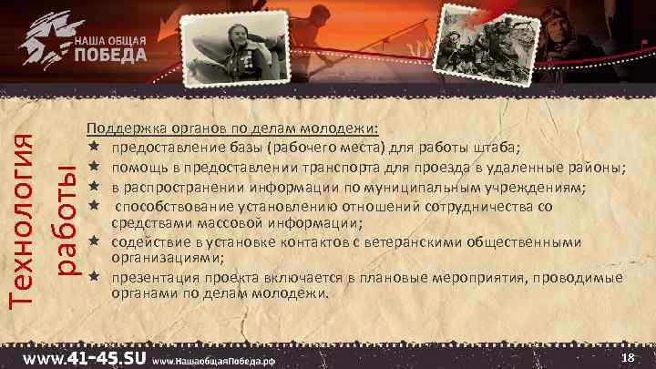 Технология работы Поддержка органов по делам молодежи: предоставление базы (рабочего места) для работы штаба;