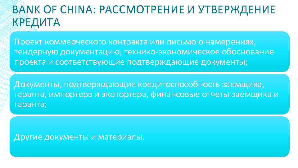 BANK OF CHINA: РАССМОТРЕНИЕ И УТВЕРЖДЕНИЕ КРЕДИТА Проект коммерческого контракта или письмо о намерениях,