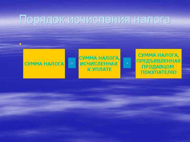 Порядок исчисления налога § СУММА НАЛОГА = СУММА НАЛОГА, ИСЧИСЛЕННАЯ К УПЛАТЕ - СУММА