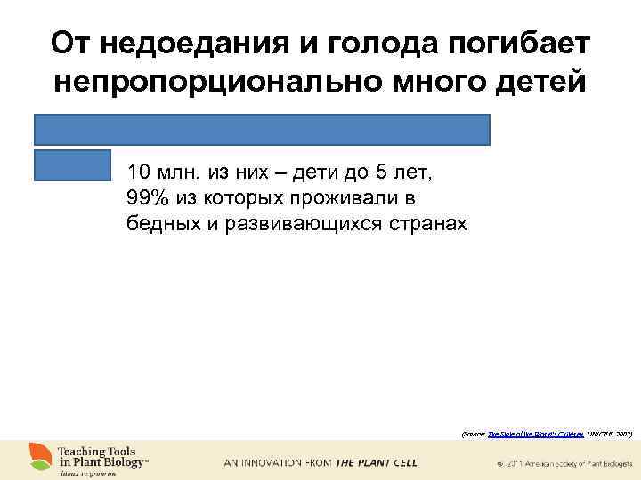 От недоедания и голода погибает непропорционально много детей 10 млн. из них – дети