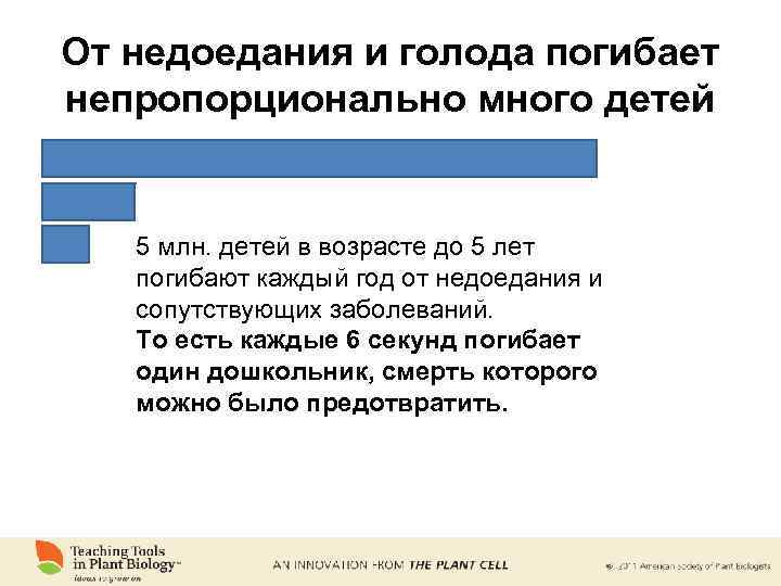 От недоедания и голода погибает непропорционально много детей 5 млн. детей в возрасте до