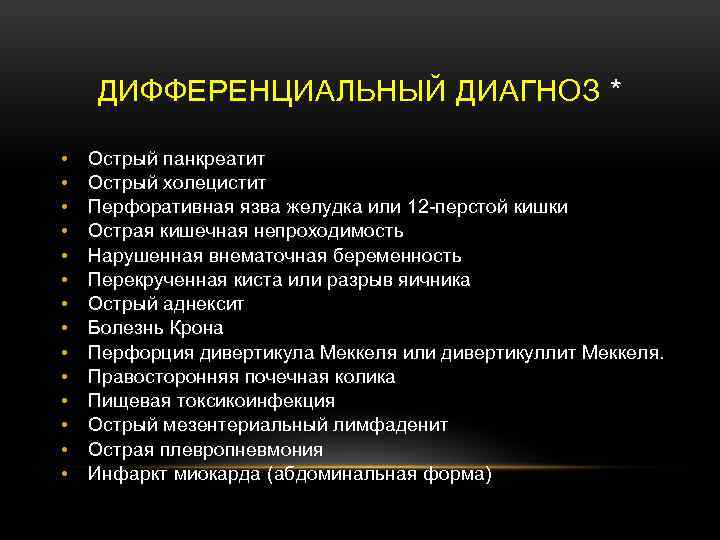 ДИФФЕРЕНЦИАЛЬНЫЙ ДИАГНОЗ * • • • • Острый панкреатит Острый холецистит Перфоративная язва желудка