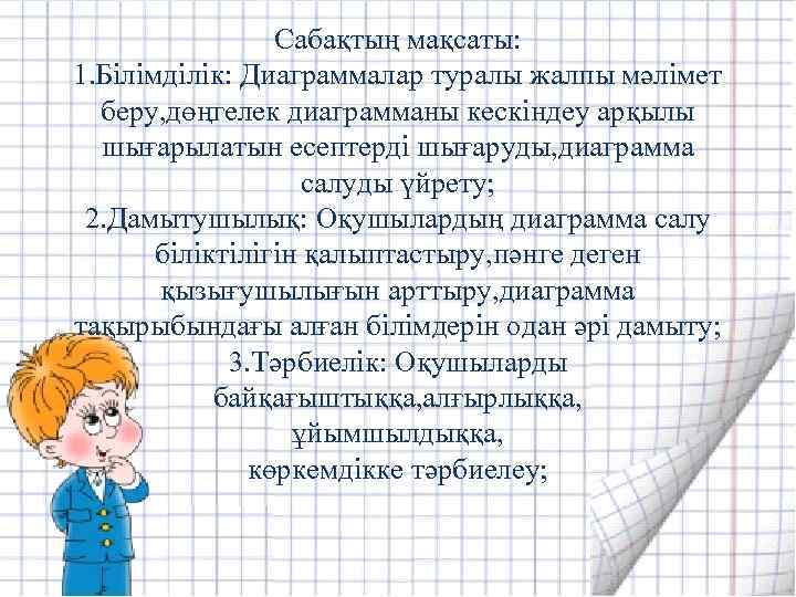 Сабақтың мақсаты: 1. Білімділік: Диаграммалар туралы жалпы мәлімет беру, дөңгелек диаграмманы кескіндеу арқылы шығарылатын