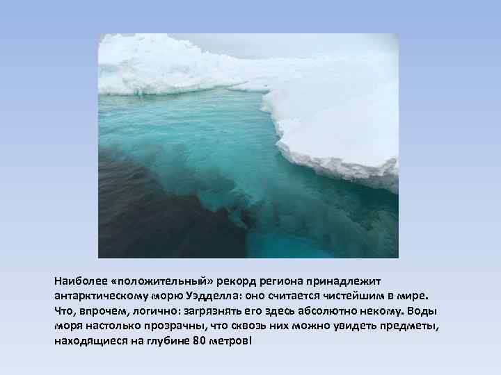 Наиболее «положительный» рекорд региона принадлежит антарктическому морю Уэдделла: оно считается чистейшим в мире. Что,