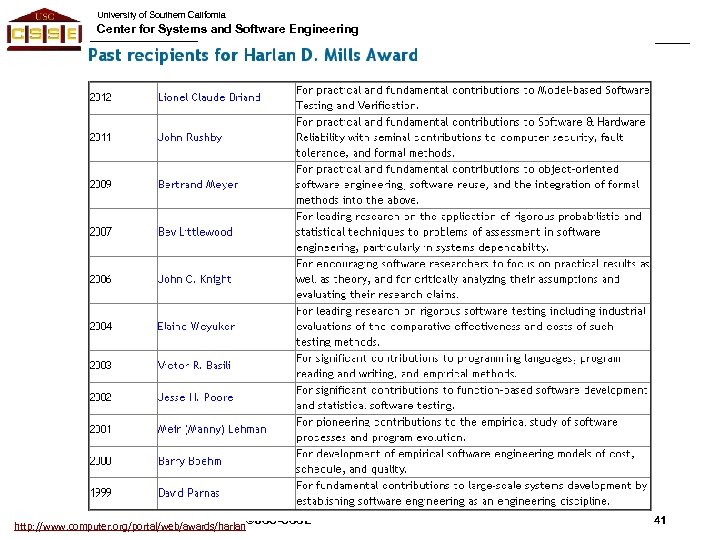 University of Southern California Center for Systems and Software Engineering http: //www. computer. org/portal/web/awards/harlan