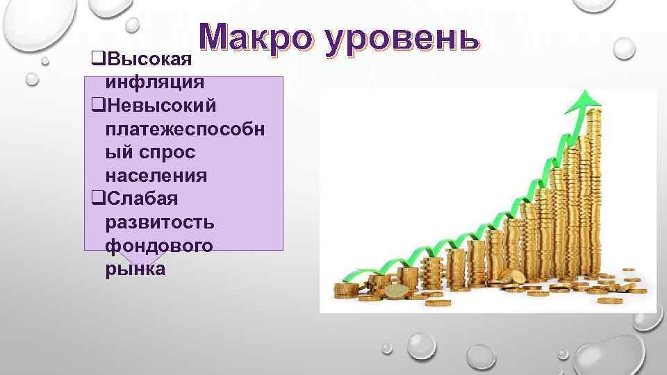 Макро уровень q. Высокая инфляция q. Невысокий платежеспособн ый спрос населения q. Слабая развитость