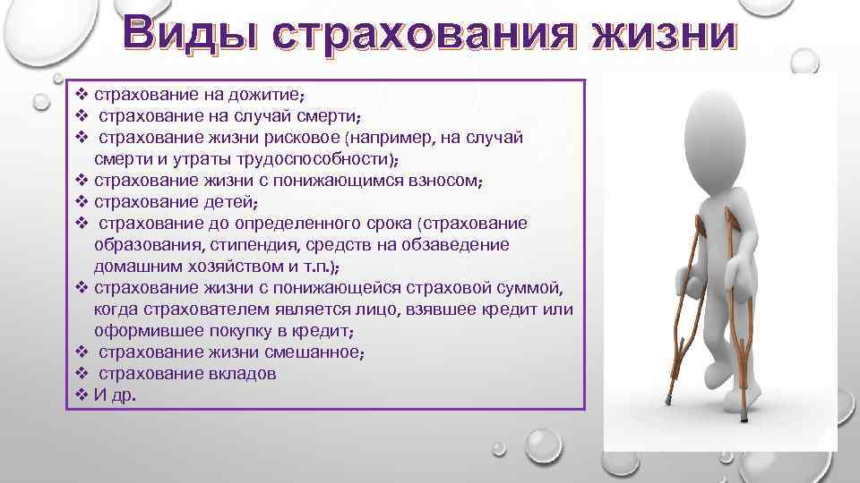 Виды страхования жизни v страхование на дожитие; v страхование на случай смерти; v страхование