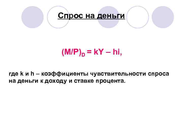 Спрос на деньги (M/P)D = k. Y – hi, где k и h –