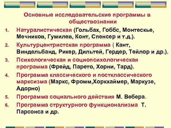1. 2. 3. 4. 5. 6. Основные исследовательские программы в обществознании Натуралистическая (Гольбах, Гоббс,