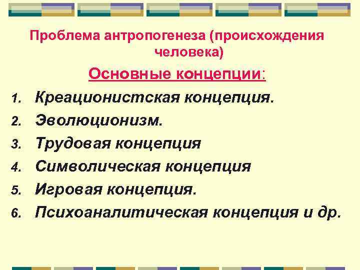 Проблема антропогенеза (происхождения человека) 1. 2. 3. 4. 5. 6. Основные концепции: Креационистская концепция.