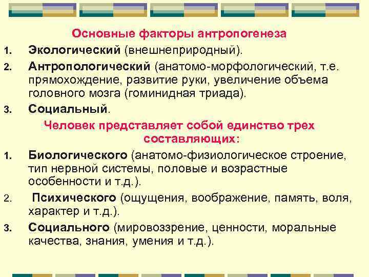 1. 2. 3. 1. 2. 3. Основные факторы антропогенеза Экологический (внешнеприродный). Антропологический (анатомо-морфологический, т.