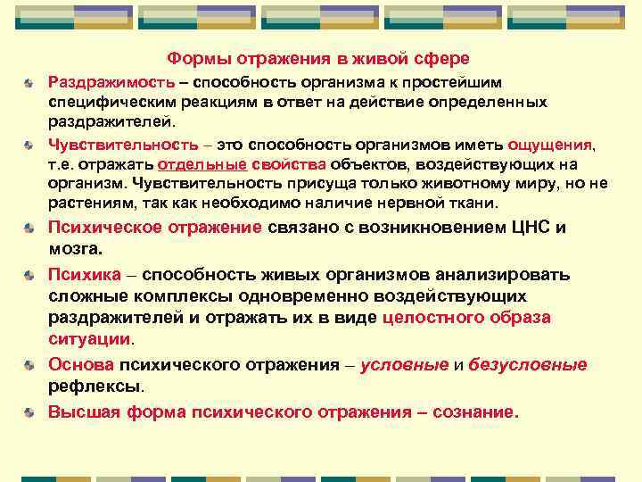 Формы отражения в живой сфере Раздражимость – способность организма к простейшим специфическим реакциям в