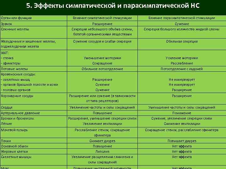 5. Эффекты симпатической и парасимпатической НС Орган или функция Влияние симпатической стимуляции Влияние парасимпатической