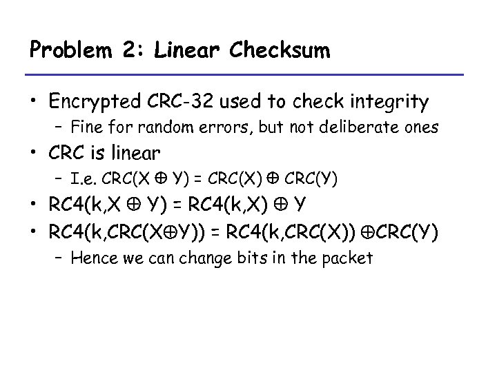 Problem 2: Linear Checksum • Encrypted CRC-32 used to check integrity – Fine for
