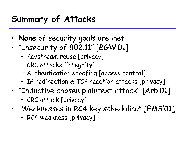 Summary of Attacks • None of security goals are met • “Insecurity of 802.