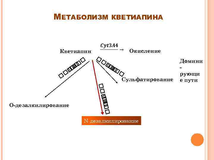 МЕТАБОЛИЗМ Кветиапин 4 3 Окисление 3 4 Сульфатирование 4 3 О-дезалкилирование КВЕТИАПИНА N-дезалкилирование Домини