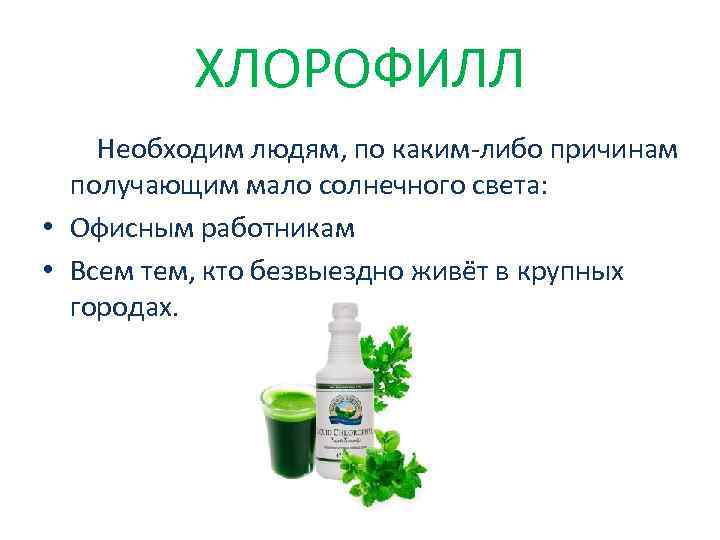 ХЛОРОФИЛЛ Необходим людям, по каким-либо причинам получающим мало солнечного света: • Офисным работникам •