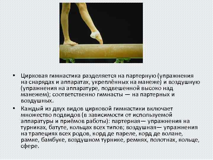  • Цирковая гимнастика разделяется на партерную (упражнения на снарядах и аппаратах, укреплённых на
