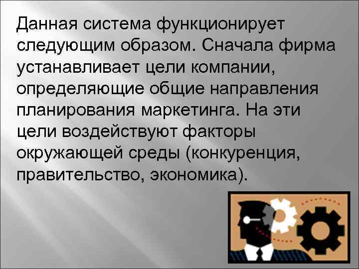 Данная система функционирует следующим образом. Сначала фирма устанавливает цели компании, определяющие общие направления планирования