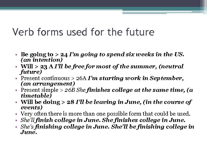 Verb forms used for the future • Be going to > 24 I'm going