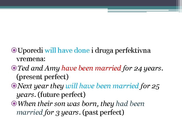  Uporedi will have done i druga perfektivna vremena: Ted and Amy have been
