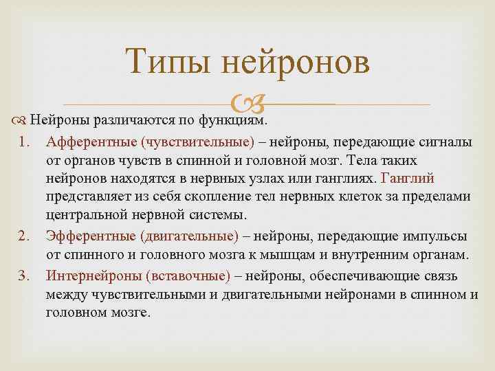 Типы нейронов Нейроны различаются по функциям. 1. 2. 3. Афферентные (чувствительные) – нейроны, передающие