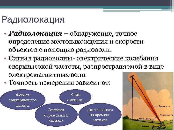 Радиолокация • Радиолокация – обнаружение, точное определение местонахождения и скорости объектов с помощью радиоволн.