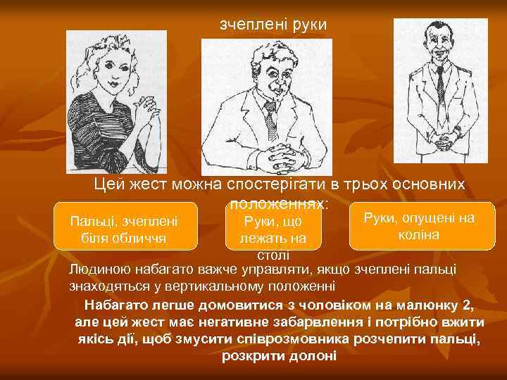 зчеплені руки Цей жест можна спостерігати в трьох основних положеннях: Руки, опущені на Руки,