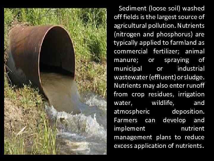  • Sediment (loose soil) washed off fields is the largest source of agricultural