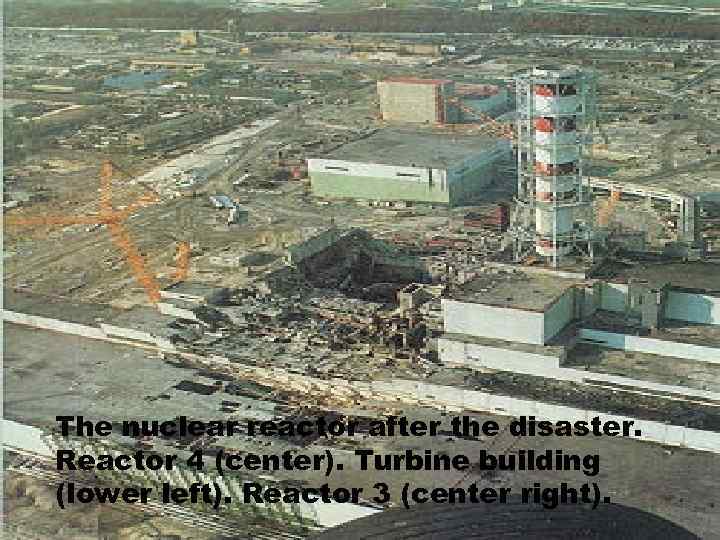 The nuclear reactor after the disaster. Reactor 4 (center). Turbine building (lower left). Reactor