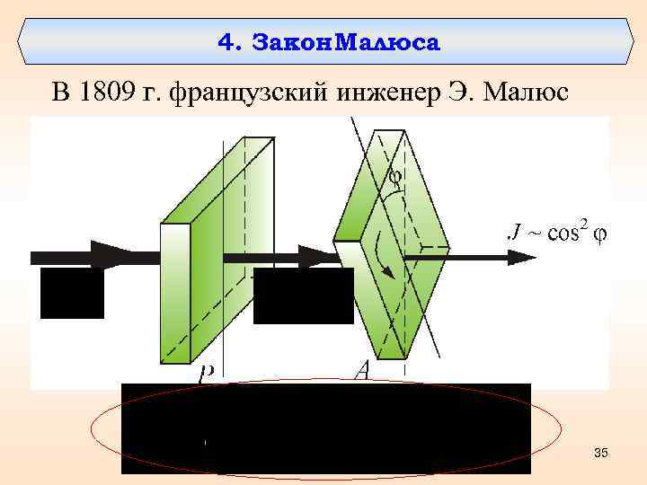 4. Закон Малюса В 1809 г. французский инженер Э. Малюс 35 