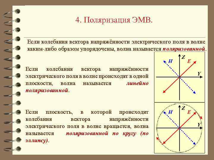 4. Поляризация ЭМВ. Если колебания вектора напряжённости электрического поля в волне каким-либо образом упорядочены,