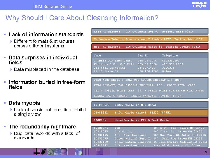 IBM Software Group Why Should I Care About Cleansing Information? § Lack of information
