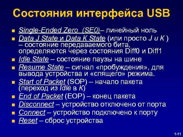 Состояния интерфейса USB n n n n n Single-Ended Zero (SE 0)– линейный ноль