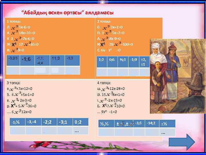 “Абайдың өскен ортасы” аялдамасы 1 топқа: Е. 2 топқа: -5 х-6=0 А. -14 x+33=0