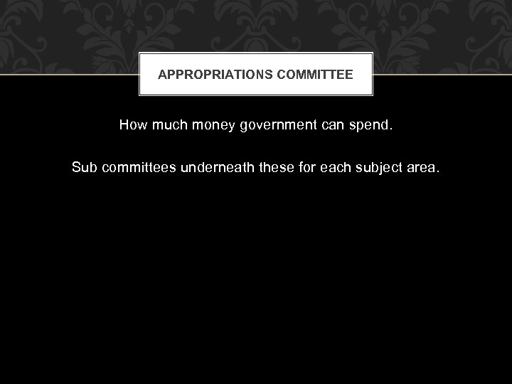 APPROPRIATIONS COMMITTEE How much money government can spend. Sub committees underneath these for each