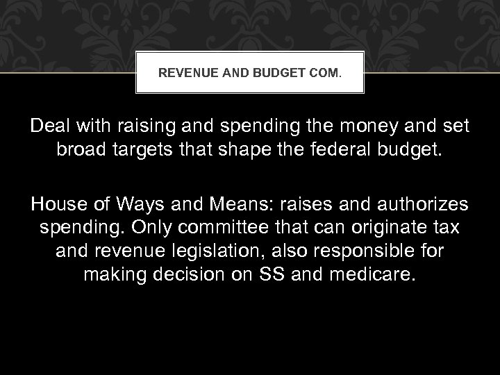 REVENUE AND BUDGET COM. Deal with raising and spending the money and set broad