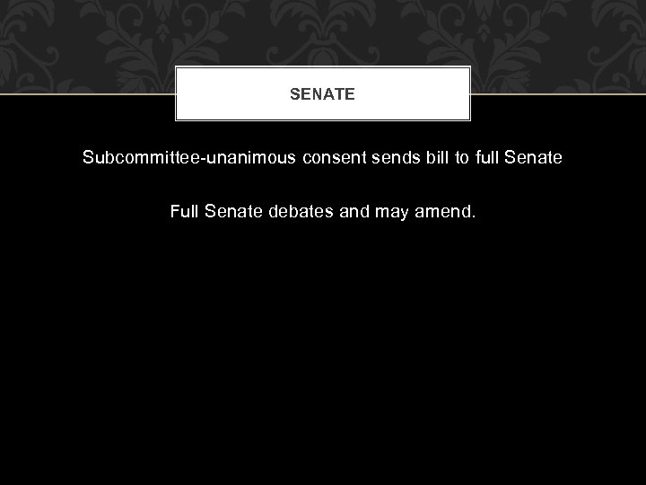 SENATE Subcommittee-unanimous consent sends bill to full Senate Full Senate debates and may amend.