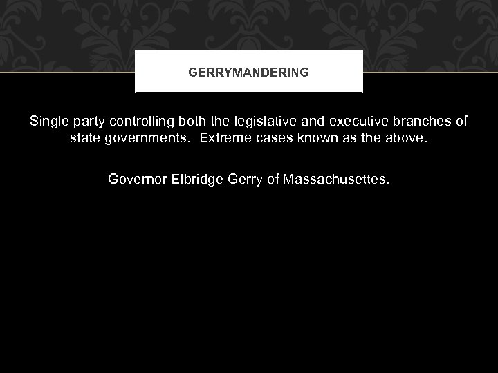 GERRYMANDERING Single party controlling both the legislative and executive branches of state governments. Extreme