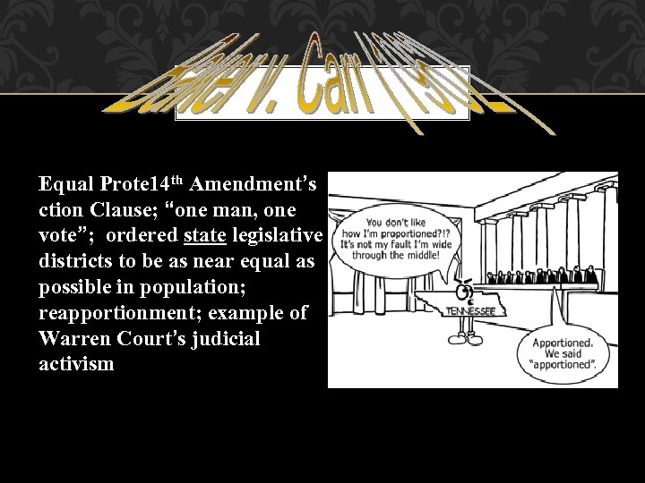 Equal Prote 14 th Amendment’s ction Clause; “one man, one vote”; ordered state legislative