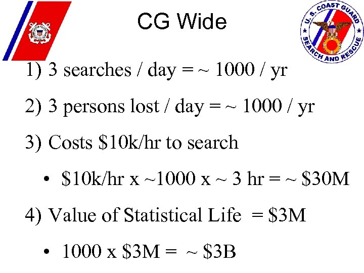 CG Wide 1) 3 searches / day = ~ 1000 / yr 2) 3