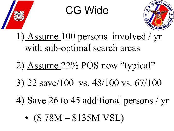 CG Wide 1) Assume 100 persons involved / yr with sub-optimal search areas 2)