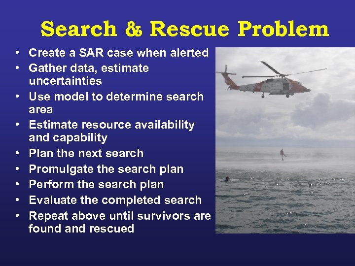 Search & Rescue Problem • Create a SAR case when alerted • Gather data,