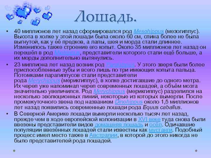 Лошадь. • • • 40 миллионов лет назад сформировался род Mesohippus (мезогиппус). Высота в