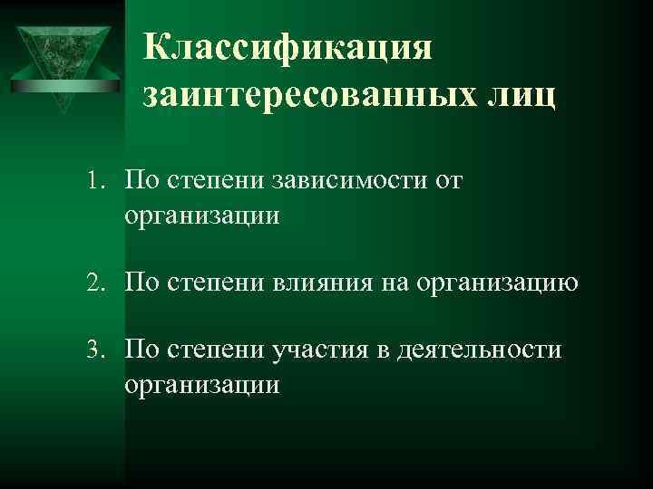 Классификация заинтересованных лиц 1. По степени зависимости от организации 2. По степени влияния на