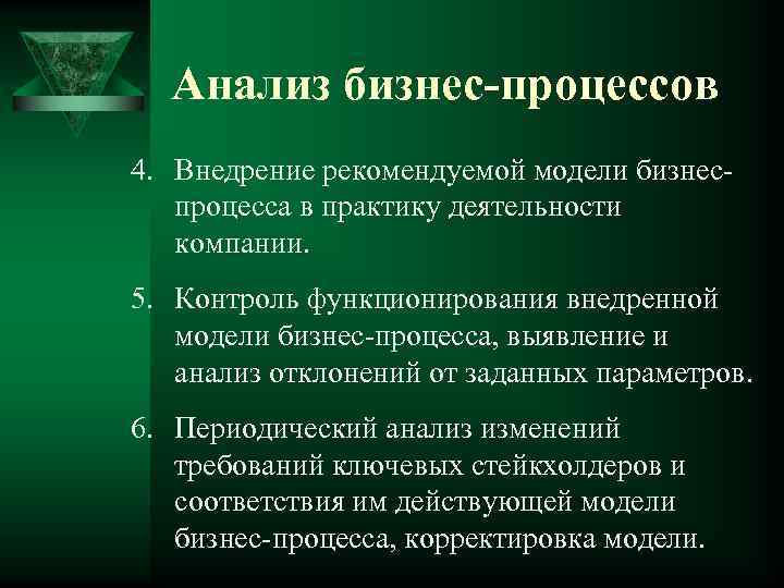 Анализ бизнес-процессов 4. Внедрение рекомендуемой модели бизнеспроцесса в практику деятельности компании. 5. Контроль функционирования