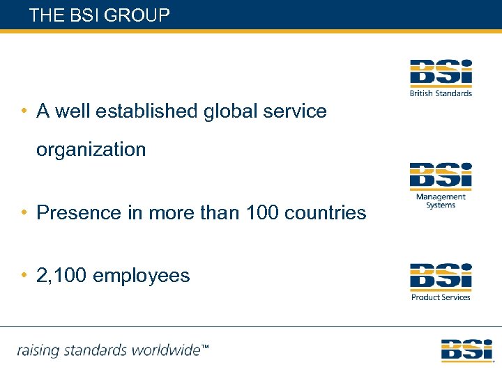 THE BSI GROUP • A well established global service organization • Presence in more