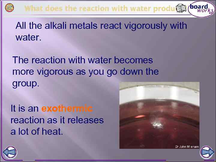 What does the reaction with water produce? All the alkali metals react vigorously with